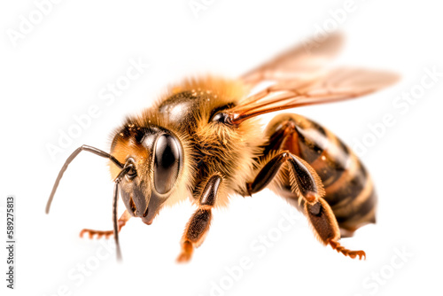 Stunning bee is flying, isolated on transparent background, macro, incredible pollinator PNG Generative AI © FryArt Studio