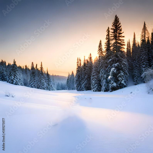 Paysage de montagne sous la neige au coucher de soleil