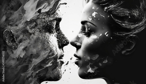 Intimacy between woman and man  black and white art created with Generative AI