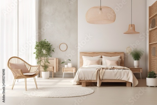 Interior of a hotel bedroom in the morning   Cosy Boho style bedroom interior with furniture and decorative elements. Bright natural light   Modern bedroom interior with concrete walls  Generative AI