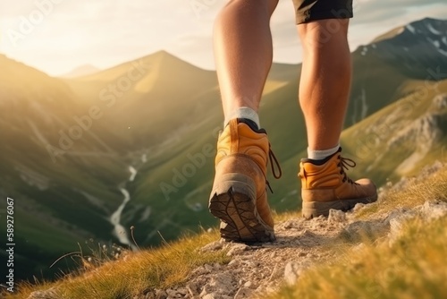 Hiking boots of a man walking through the mountains. Generative AI.