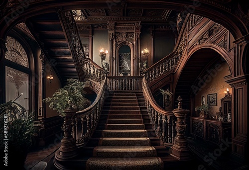 Grand staircase in an old victorian house. Generative AI