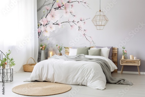 Interior of a hotel bedroom in the morning | Cosy Boho style bedroom interior with furniture and decorative elements. Bright natural light | Modern bedroom interior with concrete walls, Generative AI © Azar