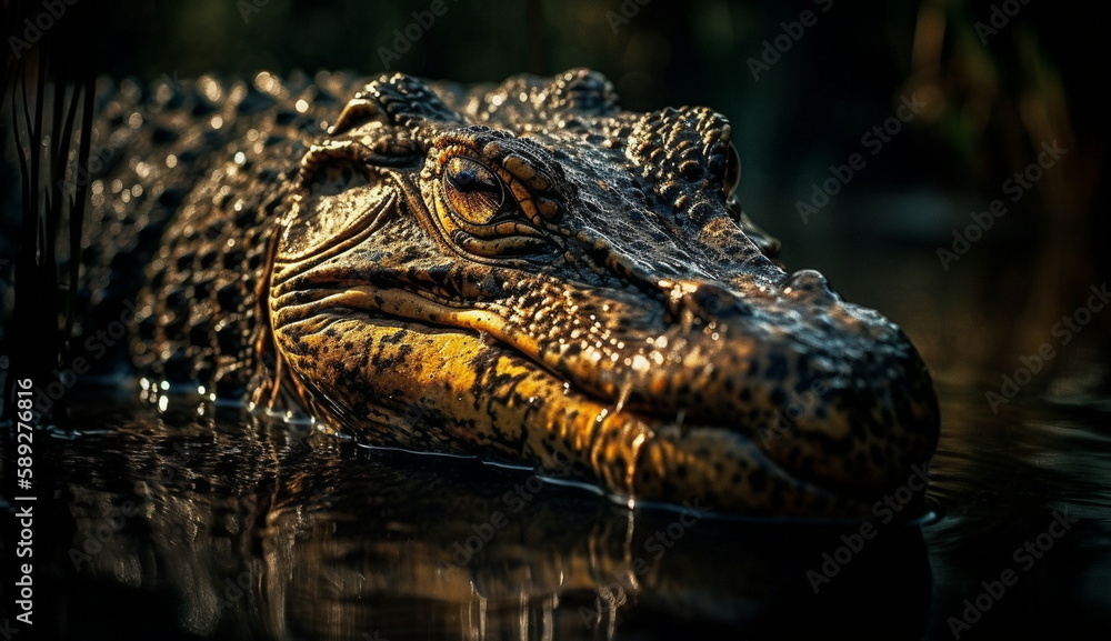Fototapeta premium Wild crocodile is lurking in the forest swamp. Based on Generative Ai.