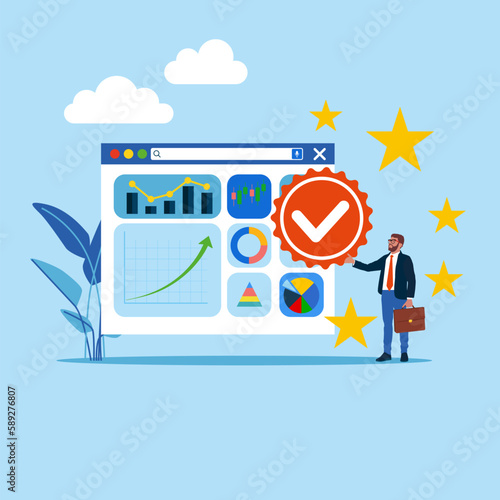 Quality Control and giving certified.  The best Application working with Data analytics, business graph dashboard, diagram for optimization. Modern vector illustration in flat style