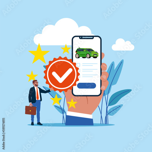 The best online car registration with a phone in hand. Quality Control and giving certified. Modern vector illustration in flat style
