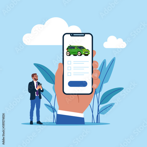 Application working with digital online with a phone in hand. Digital strategy, online marketing. Flat vector illustration.