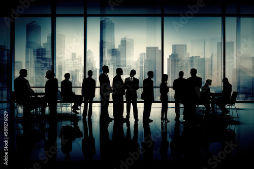 illustration of silhouettes of people against the backdrop of a sunset behind a glass wall. business meeting and teamwork. Generative AI