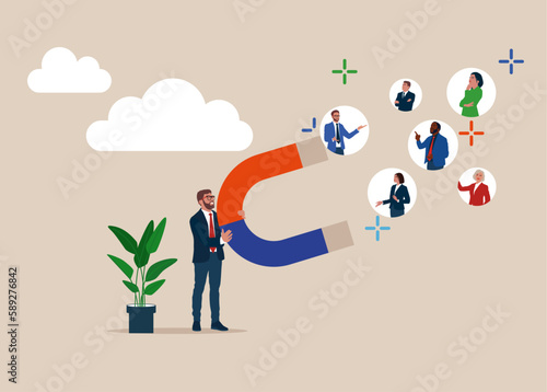 Retention clients with a magnet. Modern vector illustration in flat style