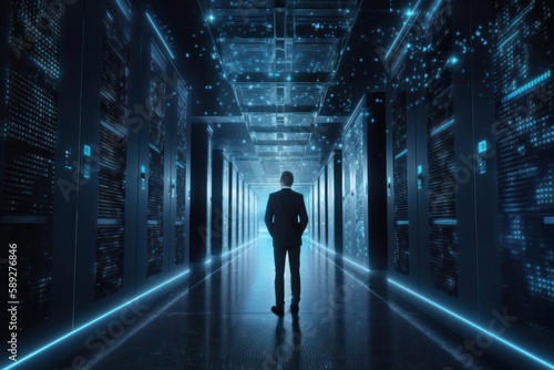 A man in a suit with a data storage facility behind him. Generative AI.