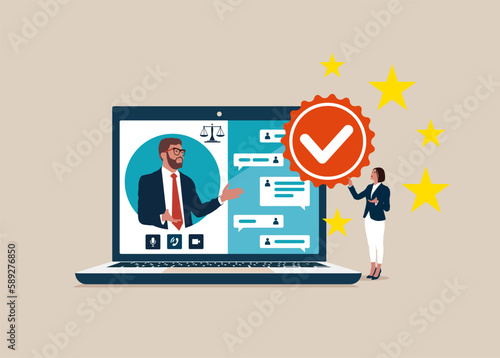 The best legal company. Quality Control and giving certified attorney. Application working for consulting with attorney. Remote consulting. Modern vector illustration in flat style