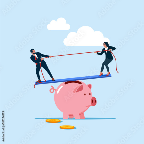 Competition for power over piggy bank. Modern vector illustration in flat style