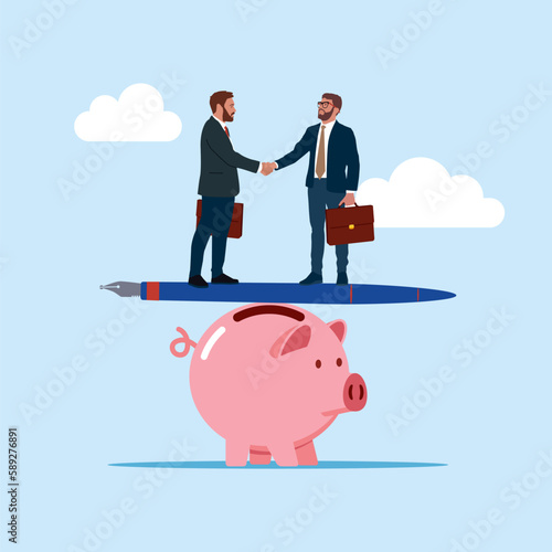 Business people handshake on fountain pen seesaw on piggy bank. Diplomacy, contract signing. Modern vector illustration in flat style