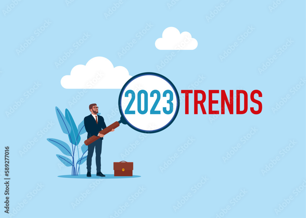 Magnifying glass magnifies 2023 trends. Modern vector illustration in flat style Magnifying glass magnifies 2023 trends. Modern vector illustration in flat style