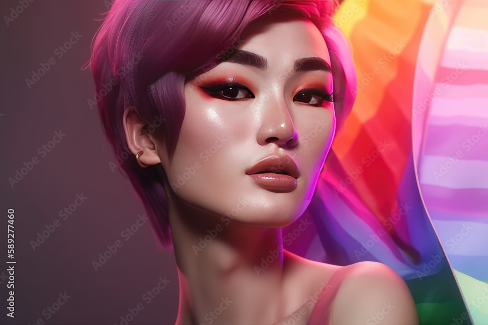 Naklejka premium Portrait of a beautiful young asian woman with pink hair and colorful makeup on a rainbow background for pride month. created with generative ai