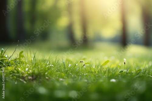 Fresh green garden grass lawn in spring, summer with bright bokeh of blurred foliage of springtime in the background and tree leaves in the foreground.