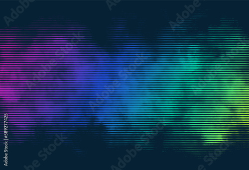 Vector linear halftone smoke effect. Glowing bright neon colored  mist. Tones by horizontal lines. Futuristic retro creative background.