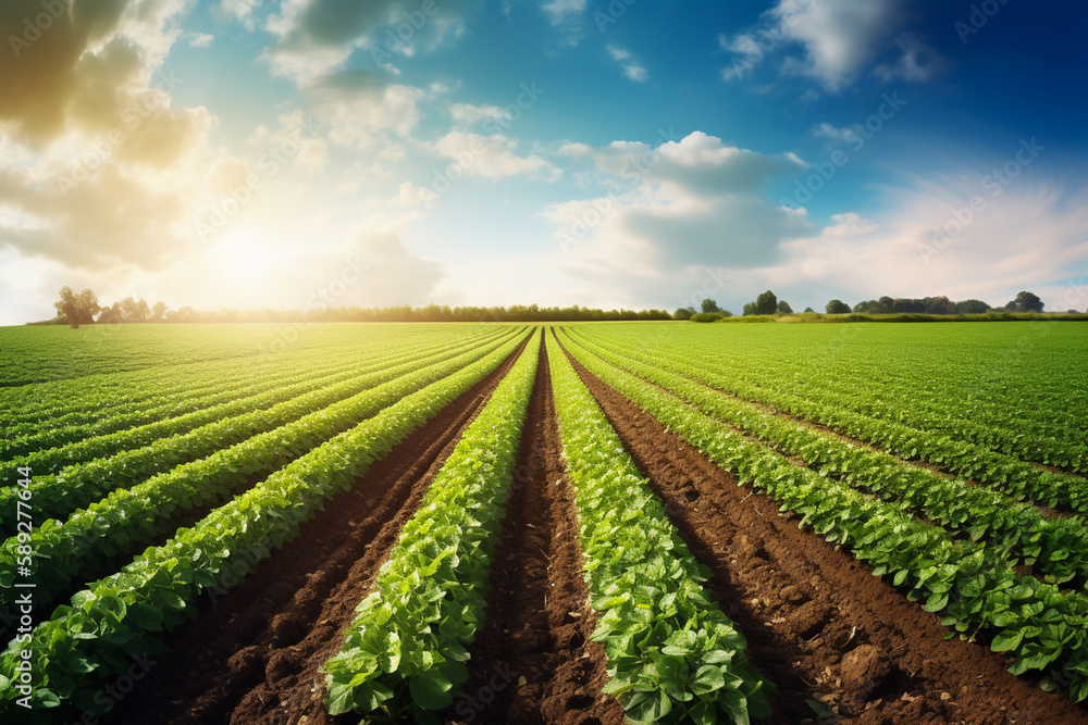 Idyllic agriculture-themed background, a verdant, sunlit field of thriving crops stretching to the horizon, neat rows of lush greenery showcasing the bounty of the earth, a vibrant blue sky.
