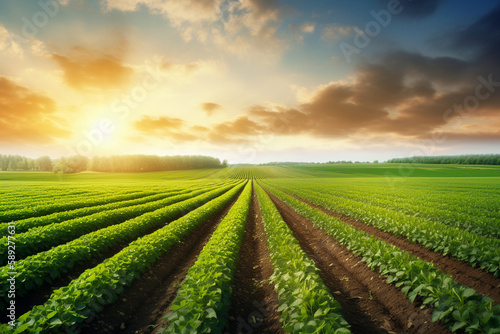 Idyllic agriculture-themed background, a verdant, sunlit field of thriving crops stretching to the horizon, neat rows of lush greenery showcasing the bounty of the earth, a vibrant blue sky.