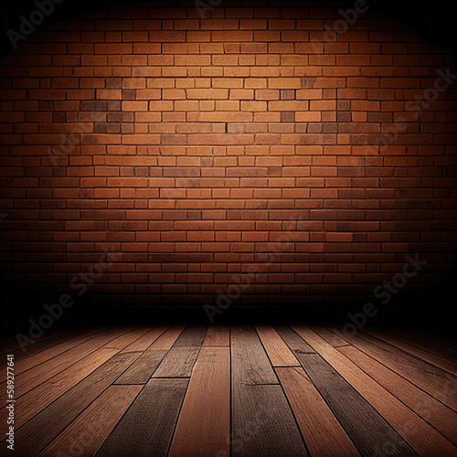 Brown brick wall background  wooden floor  Generative AI