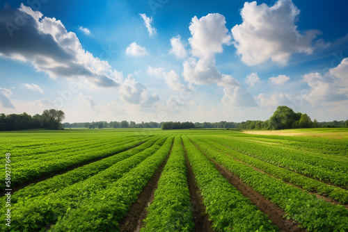 Idyllic agriculture-themed background  a verdant  sunlit field of thriving crops stretching to the horizon  neat rows of lush greenery showcasing the bounty of the earth  a vibrant blue sky.