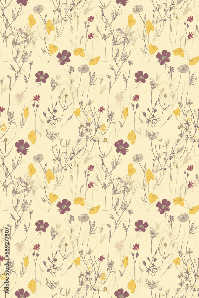 Floral design in 70s style, in warm shades of yellow. Seamless patterns vintage images. Vintage floral wallpaper and background. Tile