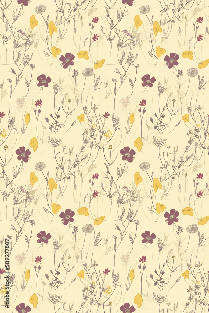 Obraz premium Floral design in 70s style, in warm shades of yellow. Seamless patterns vintage images. Vintage floral wallpaper and background. Tile