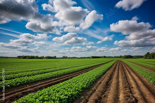 Idyllic agriculture-themed background  a verdant  sunlit field of thriving crops stretching to the horizon  neat rows of lush greenery showcasing the bounty of the earth  a vibrant blue sky.