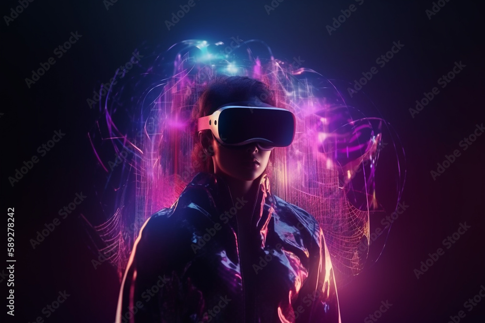 Into the Metaverse, person wearing vr glasses in futuristic colorful environment. Concept of advanced future technology powered by artificial intelligence.