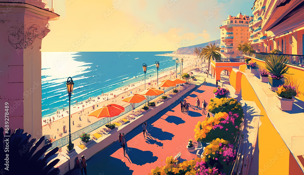 Illustration of beautiful view of the city of Nice, France