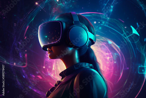 Into the Metaverse  person wearing vr glasses in futuristic colorful environment. Concept of advanced future technology powered by artificial intelligence.
