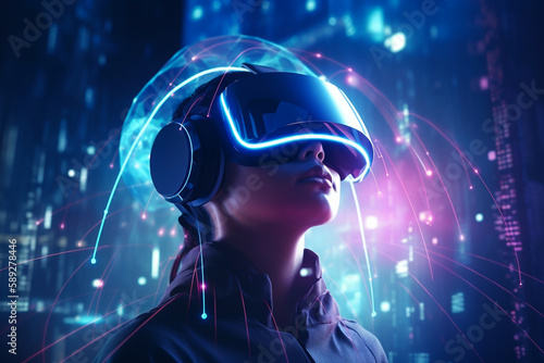 Into the Metaverse, person wearing vr glasses in futuristic colorful environment. Concept of advanced future technology powered by artificial intelligence. photo