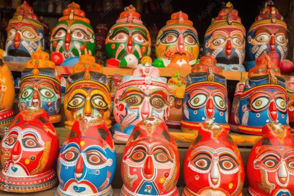 Lots of painted wooden and clay idols of Tribal Hindu god Jagannath during Rath yatra. AI generative.