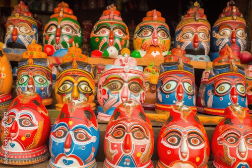 Lots of painted wooden and clay idols of Tribal Hindu god Jagannath during Rath yatra. AI generative.