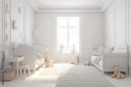 Desk,chair and single bed with blue bedding in cosy bedroom interior for children   Multifunctional bedroom and workspace interior with desk   Interior of modern children's room, Generative AI © Azar