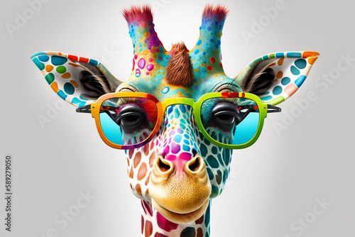 Foto Cartoon colorful giraffe with sunglasses on white background