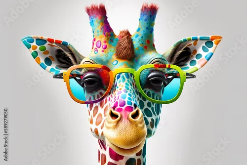 Panel kuchenny z motywem Cartoon colorful giraffe with sunglasses on white background. Created with generative AI