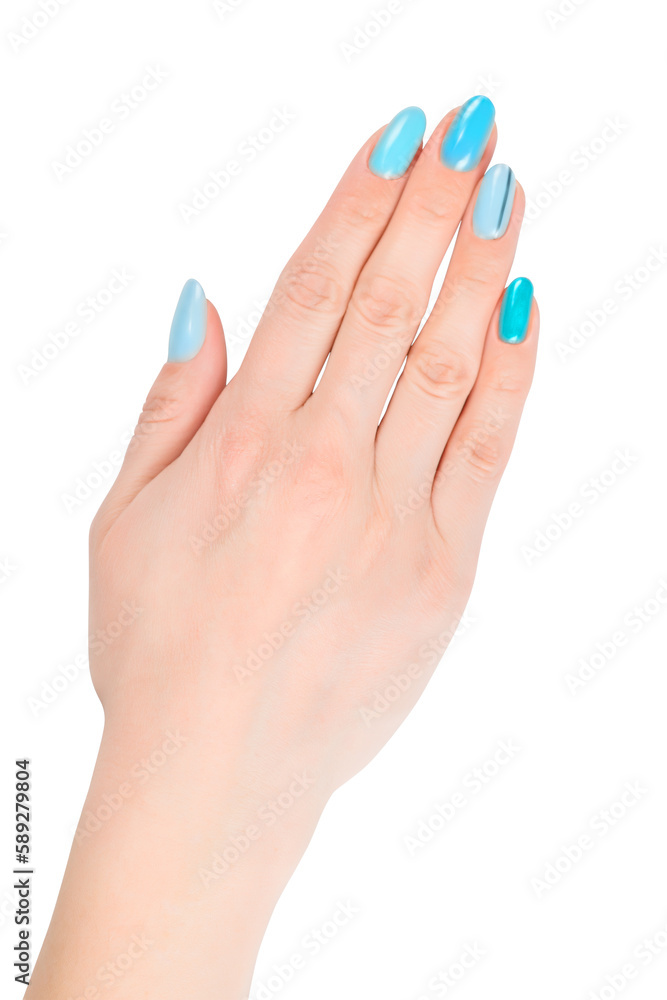 Hand with blue nail polish. Isolated png with transparency