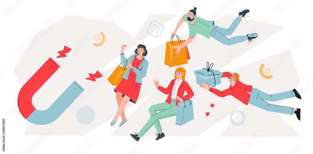 Inbound marketing and lead generations concept with magnet attracting leads and clients, flat vector illustration isolated on white background. Promotion in social networks and marketing strategy.