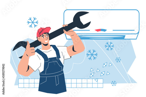 Repairman fixing air conditioner, flat cartoon vector illustration isolated on white background. Maintenance and repair of air conditioners banner layout.