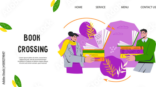 Bookcrossing unit website or landing page template. Books swap and reusable items eco friendly lifestyle concept, flat cartoon vector illustration. Bookcross web banner or flyer design.