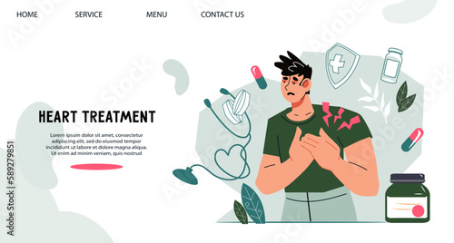 Heart problems and cardiology website banner design with man who has sudden heart pain. Heart attack or stroke treatment concept for web page, flat cartoon vector illustration.