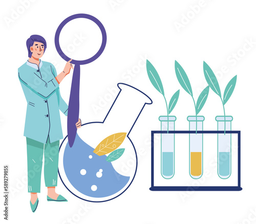 Woman scientist chemist or biologist with laboratory equipment. Biology and bioengineering specialist, flat vector illustration isolated on white background. Biotechnology and food engineering.