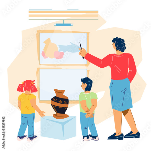 Children visit art museum or exhibition, flat vector illustration isolated on white background. Educational excursion for children. © Anastasia