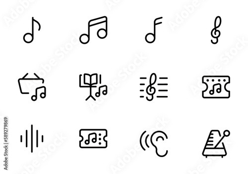 Music notes icon set, Music notes symbol, vector illustration. Music icon set. Musical instrument symbol. Containing musical note, radio, hear, piano, speaker, sound and disc icons.	