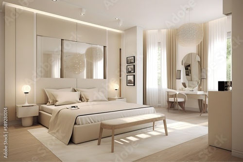 Luxury bedroom in light colours with golden furniture details. Big comfortable double royal bed in elegant classic interior, Generative AI © Azar
