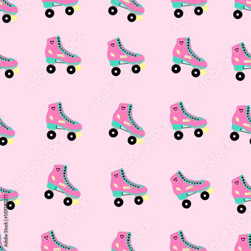 Seamless pattern with roller skate.  Pink background. Vintage style. Retro hand drawn laced boots, colorful vector illustration