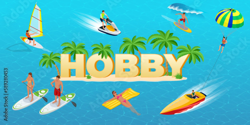 Isometric Hobby concept. Sports. Surfer on Blue Ocean Wave. Fun in the ocean, Extreme Sport, water skiing. Active summer vacations with paddle board. Hobby Young People.