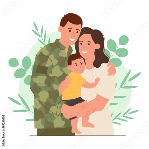 Happy family. Woman and a man hold their son in their arms. Man in a military uniform. Family of a military serviceman. Vector illustration