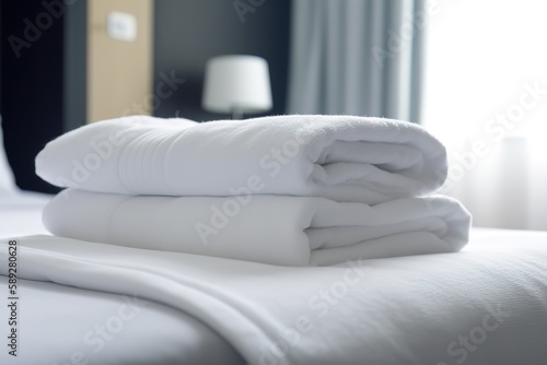Roll of clean bath towel on white table, copy space | folded terry towels lie on clean white bed. Cleaning in guest room of hotel, cleanliness, laundry, AI generated